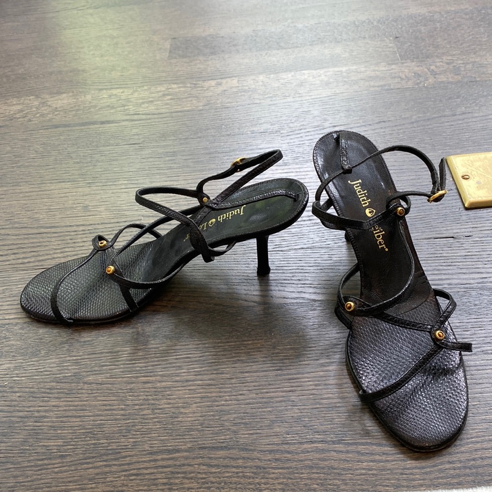 Judith Leiber black strappy sandals with a small heel